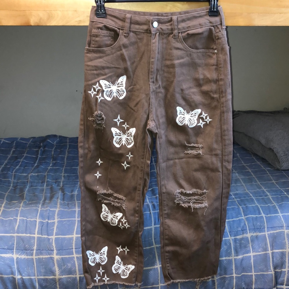 SHEIN Butterfly Brown Boyfriend Jeans